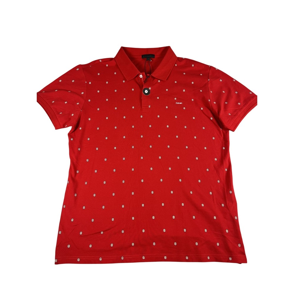 Carven‎ Polo Shirt Womens Large Red Floral Print Short Sleeve Stretch Pique Top